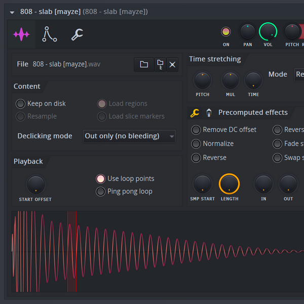 Audio editing software interface with time stretching and precomputed effects options.